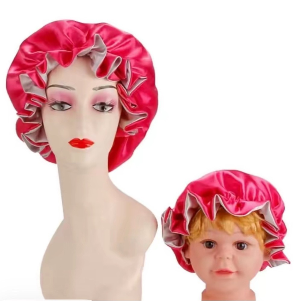 Pink and Gray Satin Hair Bonnet Set
